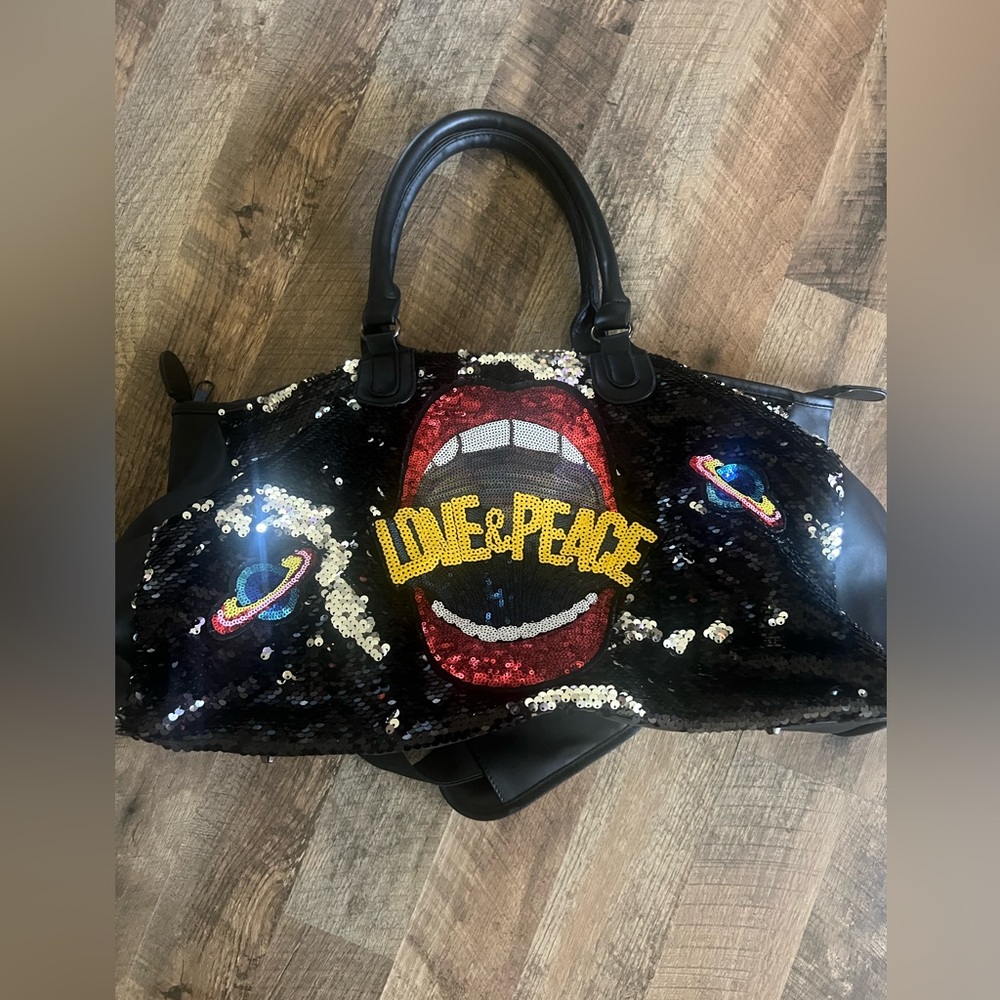 Sequin Love & Peace Black Tote Weekend Bag with Handles and an Adjustable Strap